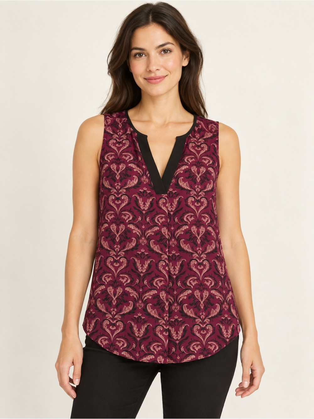 LOFT Burgundy Paisley V-Neck Sleeveless Camisole with Black Trim